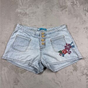 Vintage Surf OP Embroidered Floral Light Blue Jean Denim Hot Pants Shorts Size 3